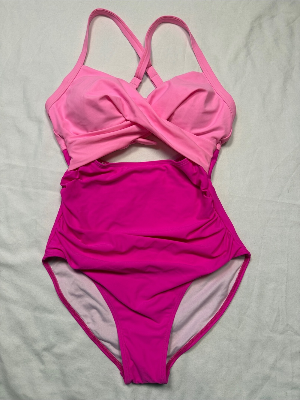 Two-Tone Pink Twist-Front One-Piece Swimsuit with Crisscross Straps